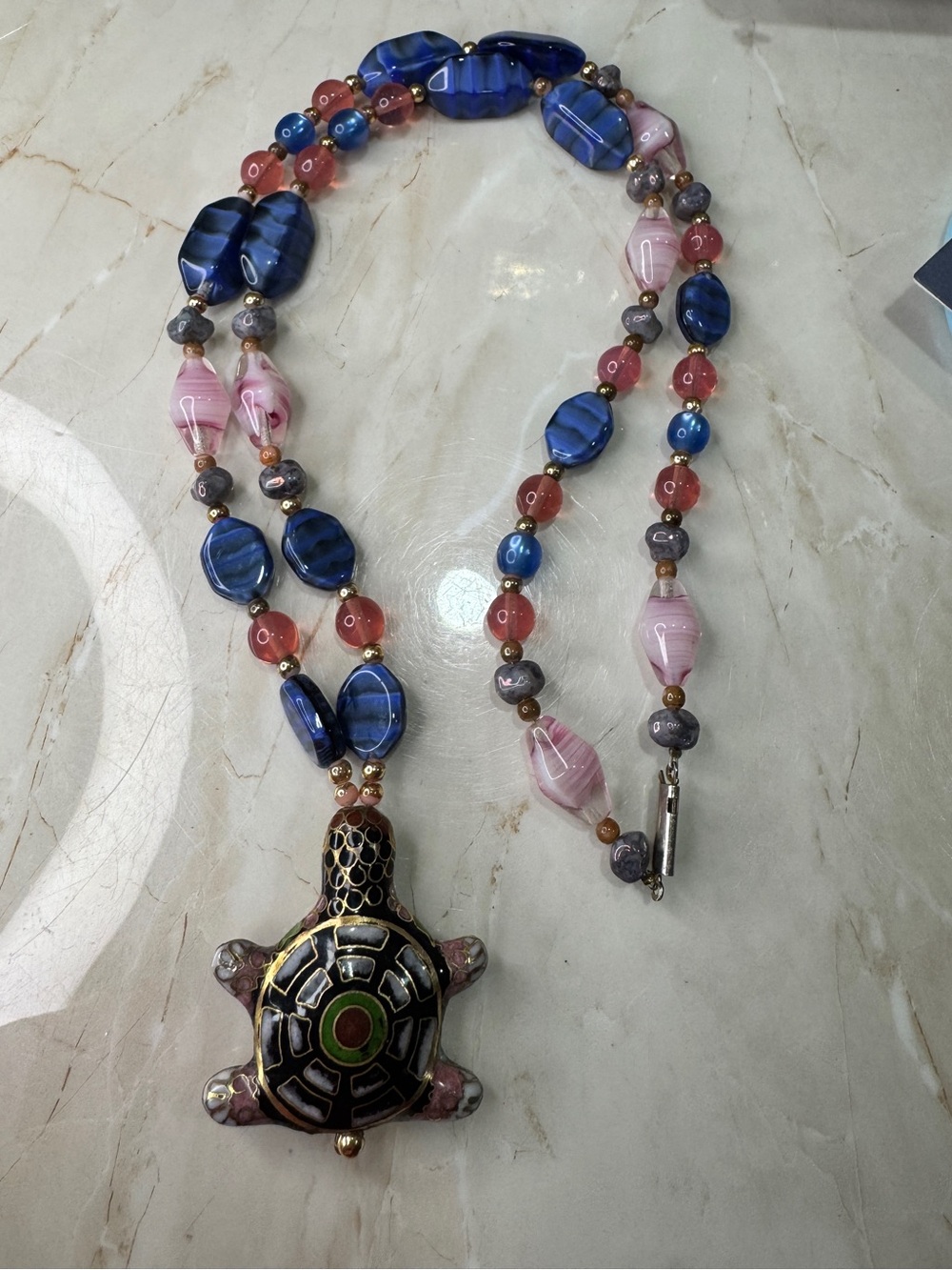 Vintage Cloisonné glass Turtle Pendant Necklace - Blue & Pink Beaded